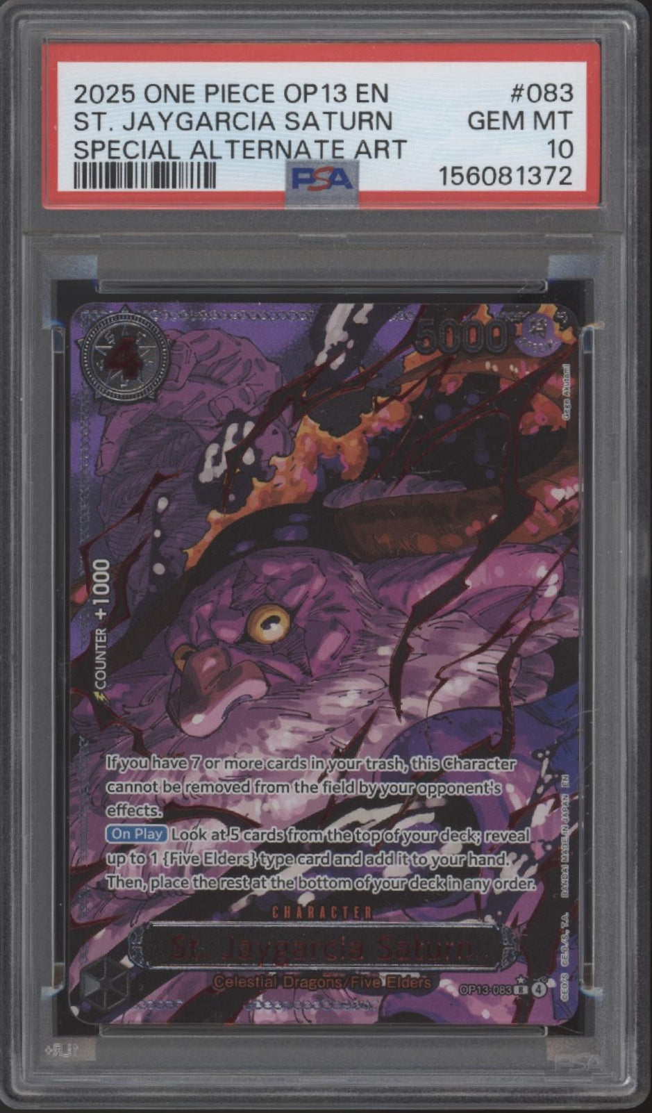 The Five Elders One Piece OP13 Special Alternate Art 3 PSA 10's, 2 PSA 9's Sequential Set of 5